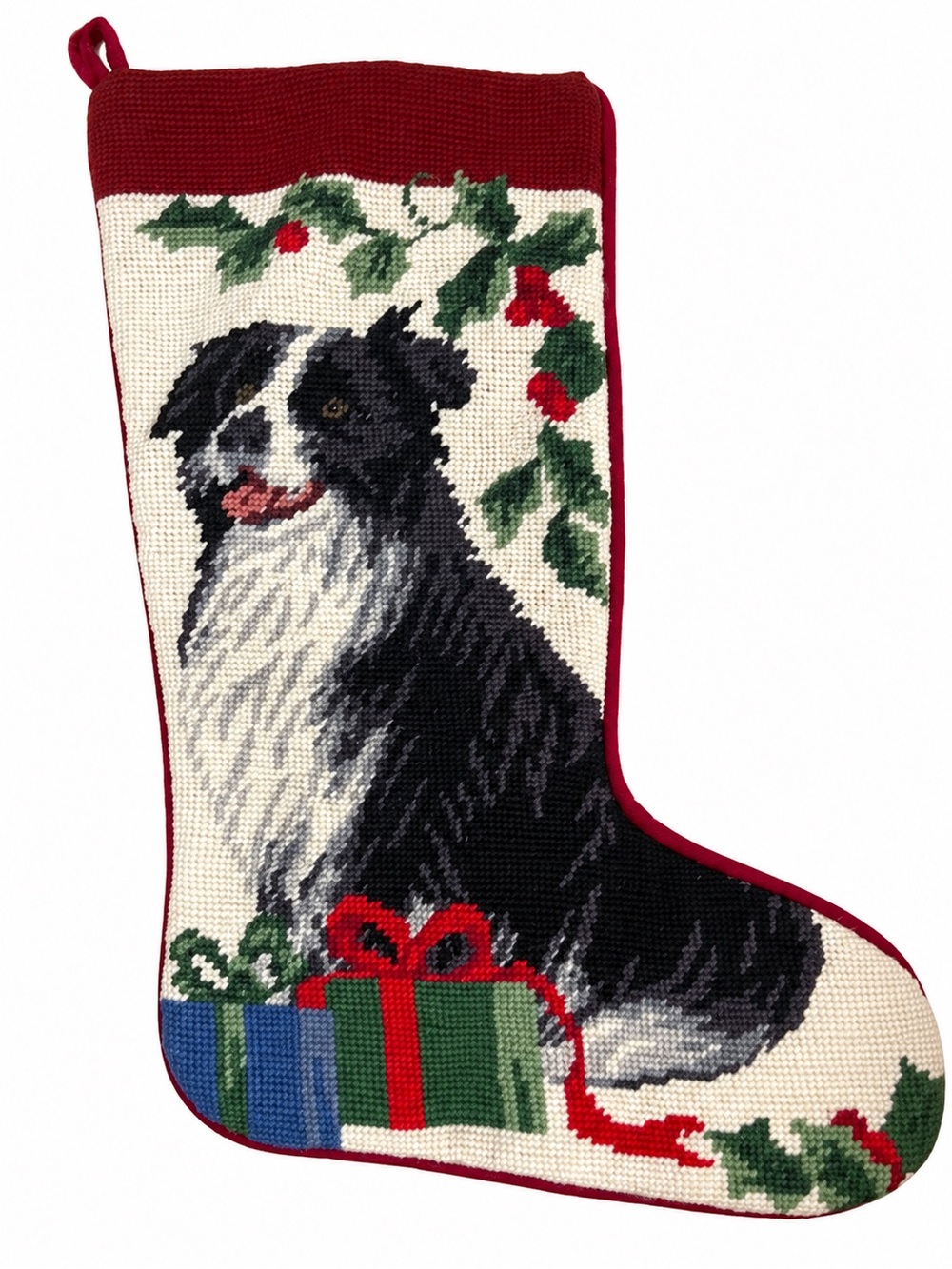 Needlepoint Border Collie Holiday Stocking - Red & Cream